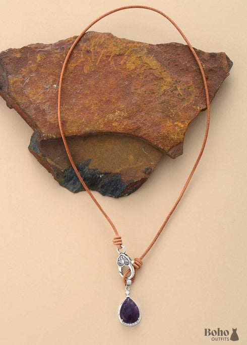 Boho Necklace, Purple Amethyst Teardrop Pendant
